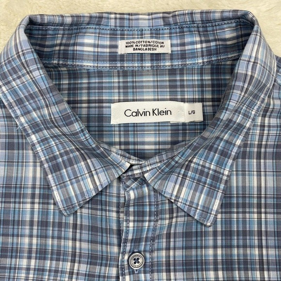 Calvin Klein Men's Blue White Plaid 100% Cotton Long Sleeve Button Up Shirt - Picture 6 of 10